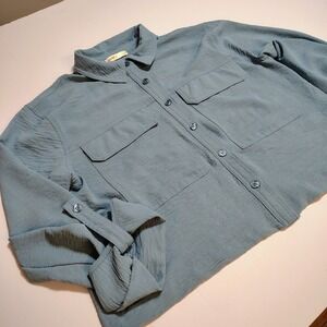 INTEMPO Women Blue Textured Roll Tab Sleeve Button Up Shirt Blouse crop topTop